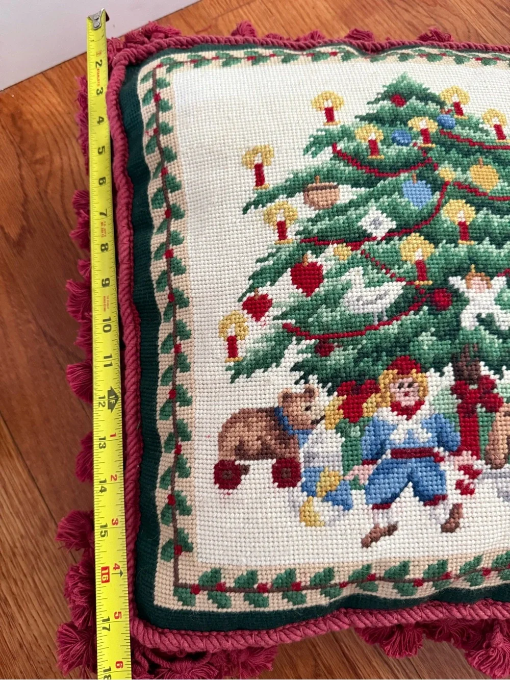 Vintage Christmas Tree Toys Under the Tree Needlepoint Pillow Red Velvet Back